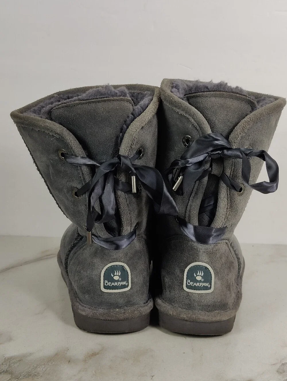 BearPaw Women's Grey Suede Tie Up Bow Winter Boots, Sz 10